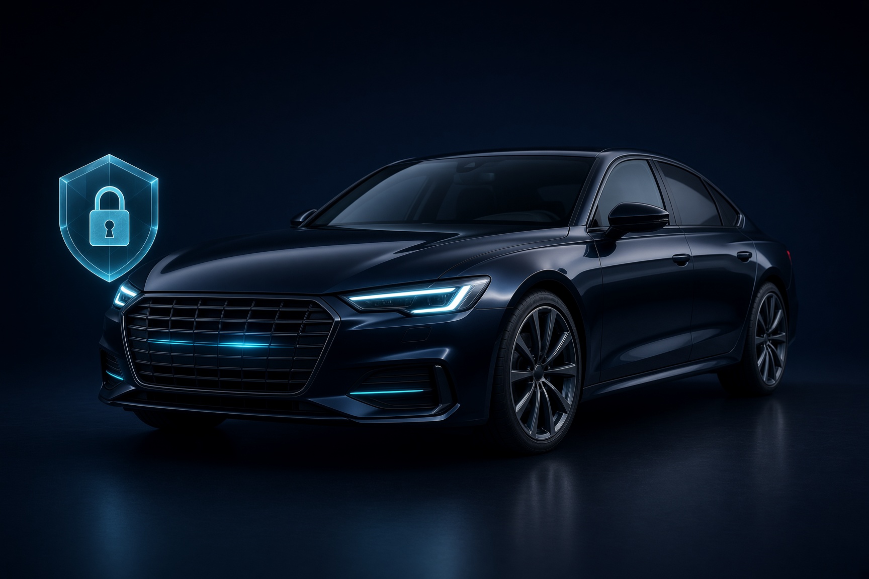 A dark sedan beside a cyan shield of light, suggesting an encrypted close